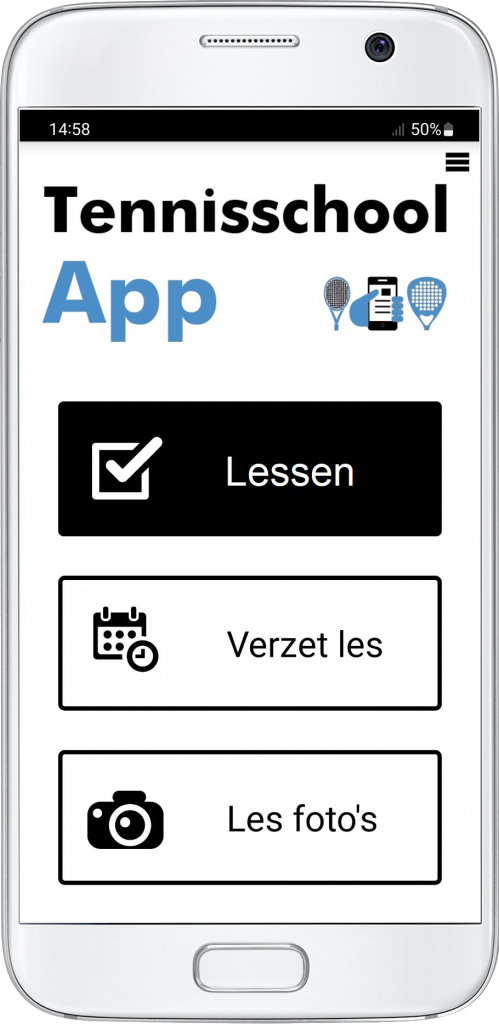 Hoofdmenu tennisschoolapp